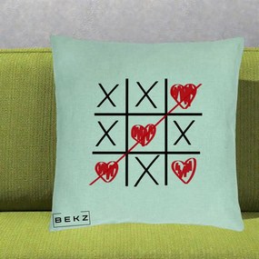 Cadou Romantic - Perna Personalizata Love Joc X si Inima cu Castigator Iubire, 40x40 cm, Verde Menta, Husa Detasabila, Perna Inclusa, BEKZ®