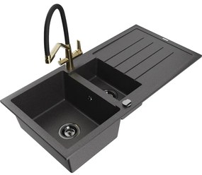 Mexen Andres chiuvetă din granit, 1,5 cuve cu picurător și baterie Duo, negru presărat - 6515-76-671701-57-B