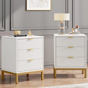 NOA70 - Set 2x Noptiere 50 cm, cu 3 sertare, dormitor - Alb - Auriu