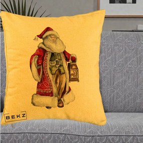 Perna Decorativa Mos Craciun Vintage cu Felinar, 40x40 cm, Galben, Husa Detasabila, Perna Inclusa, BEKZ®