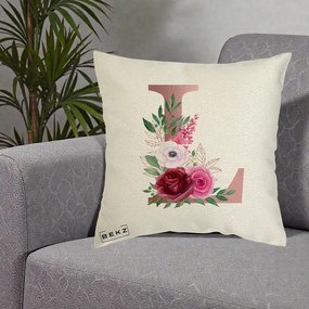 Cadou Personalizat - Perna Personalizata Monograma Rose Gold Litera L, 40x40 cm, Ecru, Husa Detasabila, Perna Inclusa, BEKZ®