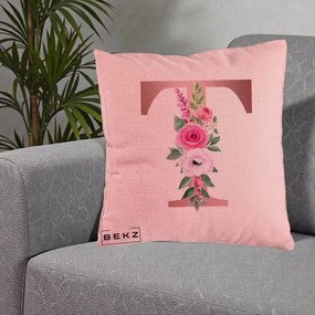 Cadou Personalizat - Perna Personalizata Monograma Rose Gold Litera T, 40x40 cm, Roz, Husa Detasabila, Perna Inclusa, BEKZ®