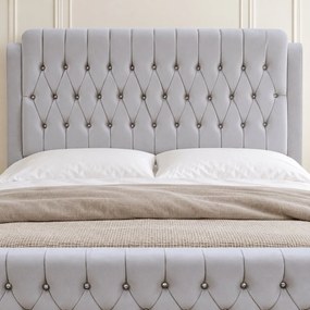 Pat tapițat Chesterfield din catifea Aveline Deluxe 180×200 cm, gri deschis, cu ladă de depozitare