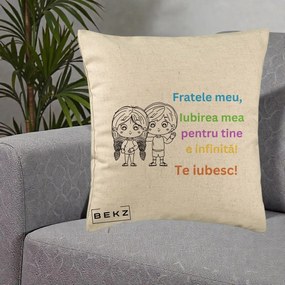 Cadou pentru Frate - Perna Personalizata Fratele Meu Te Iubesc Copii Anime Colorat, 40x40 cm, Bej, Husa Detasabila, Perna Inclusa, BEKZ®