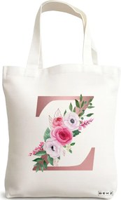 Sacosa de Panza pentru Cumparaturi, Geanta Tote, Cu litera Z Rose Gold si Trandafiri, 38x34.5 cm, Alba, BEKZ®