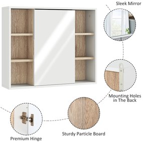 HOMCOM Dulap cu Oglinda din MDF si PAL, Dulap de Baie cu 3 Rafturi Laterale si Raft Interior Reglabil, 60x14.5x49.4 cm, Alb si Lemn Natur | Aosom RO