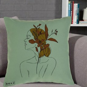 Perna Decorativa Portret Feminin Crin Ruginiu Auriu, 40x40 cm, Verde, Husa Detasabila, Perna Inclusa, BEKZ®