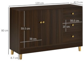 HOMCOM Bufet Modern cu 3 Sertare si Polita Interioara Reglabila din MDF, potrivita pentru orice Spatiu Interior, 120x42,5x80cm, Maro