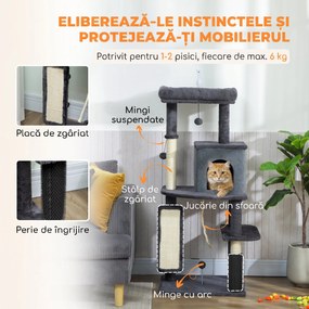 PawHut Ansamblu Multinivel pentru Pisici, 132 cm, cu Căsuță, Culcuș, Stâlpi de Zgâriat, Perie și Minge, Gri Închis | Aosom Romania