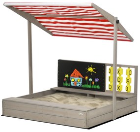 Outsunny Caz de nisip pătrat din lemn pentru copii cu bănci acoperiș reglabil, tablou și jocuri 114 x 113 x 110 cm gri | Aosom Romania