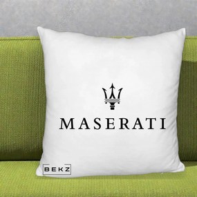 Perna Personalizata cu emblema Maserati, 40x40 cm, Alb Pufos, Husa Detasabila, Perna Inclusa, BEKZ®
