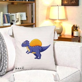 Perna Decorativa Spinozaur Kawaii, 40x40 cm, Bej cu Franjuri, Husa Detasabila, Perna Inclusa, BEKZ®