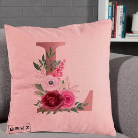 Cadou Personalizat - Perna Personalizata Monograma Rose Gold Litera L, 40x40 cm, Roz, Husa Detasabila, Perna Inclusa, BEKZ®