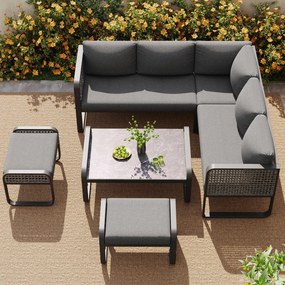 Set de lounge pentru grădină pentru 6-7 persoane, mobilier din ratan cu cadru din fier galvanizat și picioare reglabile, inclusiv perne de șezut și spătar, Gri