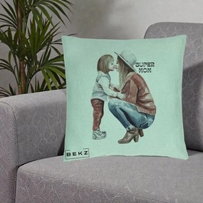 Cadou pentru Mama - Perna Personalizata Super Mom Acuarela, 40x40 cm, Verde Menta, Husa Detasabila, Perna Inclusa, BEKZ®