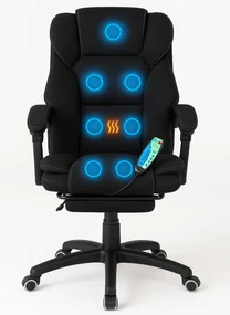 Scaun directorial, Masaj si Incalzire in 7 puncte, spatar rabatabil, suport pentru picioare, material textil premium, Negru
