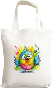Sacosa de Panza pentru Cumparaturi, Geanta Tote, model Singing bird splash colors 38 x 34.5 cm, Alba, BEKZ®
