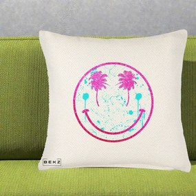 Perna Decorativa Smiley Face Tropical Glitter Roz, 40x40 cm, Crem Reliefat, Husa Detasabila, Perna Inclusa, BEKZ®