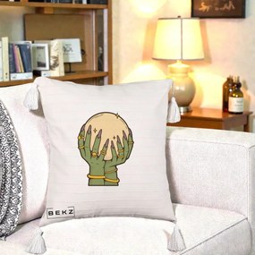 Perna Decorativa Halloween Maini Vrajitoare cu Glob de Cristal, 40x40 cm, Bej cu Franjuri, Husa Detasabila, Perna Inclusa, BEKZ®