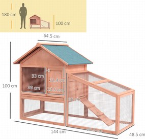 PawHut Iepurieră de Exterior din Lemn Cușcă pentru Iepuri Două Etaje cu Acoperiș Ușă și Fereastră Tavă Detașabilă și Lavabilă Mare Confort Spațiu Generos 144x64.5x100cm | Aosom Romania