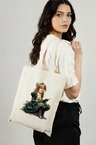 Sacosa de Panza pentru Cumparaturi, Geanta Tote, model The bookie girl 18 38 x 34.5 cm, Alba, BEKZ®