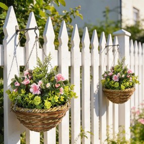 Outsunny Set 2 Ghivece de Agățat cu Plante Artificiale Lisianthus, Suport din Răchită și Bază de Ciment, Ф25x34cm | Aosom Romania