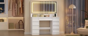 Masuta machiaj cu Oglinda LED si 9 Sertare pentru Cosmetice, Set Masa toaleta 109 cm, Alb, masuta cosmetica, vanity - SEA19