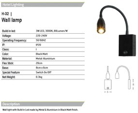 Aplica cu spot LED stil minimalist Hotel negru