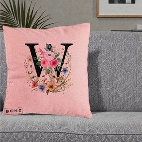 Cadou Personalizat - Perna Personalizata Monograma Florala Litera W, 40x40 cm, Roz, Husa Detasabila, Perna Inclusa, BEKZ®