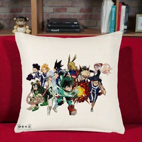Perna Personalizata My Hero Academia Clasa 1-A Complet, 40x40 cm, Crem Reliefat, Husa Detasabila, Perna Inclusa, BEKZ®
