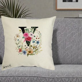 Cadou Personalizat - Perna Personalizata Monograma Florala Litera V cu Coroana, 40x40 cm, Ecru, Husa Detasabila, Perna Inclusa, BEKZ®