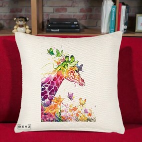 Perna Decorativa Girafa Curcubeu Acuarela, 40x40 cm, Crem Reliefat, Husa Detasabila, Perna Inclusa, BEKZ®