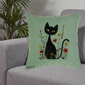Perna Decorativa Pisica Neagra Ochi Galbeni Flori, 40x40 cm, Verde, Husa Detasabila, Perna Inclusa, BEKZ®