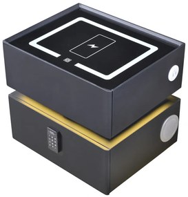 Noptieră inteligentă multifuncțională, sertar tip seif cu parolă, încărcare Wireless, difuzor Bluetooth, iluminare LED touch în 3 culori, Negru