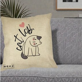 Perna Personalizata Cat Lover Pisica Ilustratie Linie, 40x40 cm, Crem, Husa Detasabila, Perna Inclusa, BEKZ®