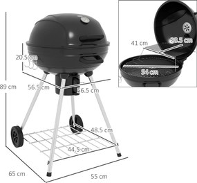 Outsunny Grătar rotund, Ø54 cm Grillrost, Warmhalterost, Ablage, Aschefach, Thermometer, 55 x 65 x 89 cm, Negru | Aosom Romania