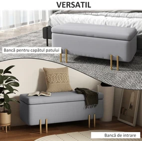 HOMCOM Bancă de Depozitare cu Șezut Tapițat și Picioare Lăcuite Aurii, 100x40x42 cm, Gri | Aosom Romania