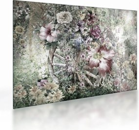 Tablou pe sticlă - Flori pe roata de lemn (70x50 cm)