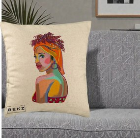 Perna Decorativa Portret Femeie Colorat Pop Art, 40x40 cm, Bej, Husa Detasabila, Perna Inclusa, BEKZ®