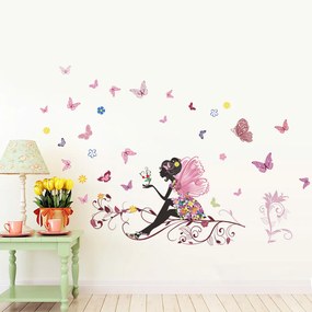 Autocolant de perete "Fetița cu aripi și fluturi" 120x80 cm