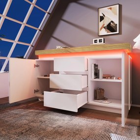Comodă sideboard cu 2 uși și 3 sertare, iluminare LED, 140x39x81 cm, Alb