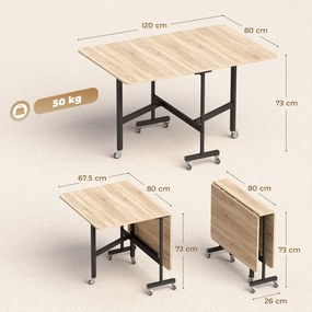 HOMCOM Masă Pliabilă pentru Dining, Masă de Bucătărie Extensibilă cu Roți și Frâne, pentru 4-6 Persoane, Birou Rabatabil cu Structură din Oțel, pentru Living, 120x80x73 cm, Stejar | Aosom Romania