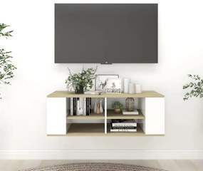 Dulap TV montat pe perete, albstejar Sonoma, 102x35x35 cm, PAL 1, alb si stejar sonoma