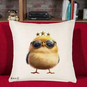 Perna Decorativa Pui Gold Star cu Ochelari Aurii, 40x40 cm, Crem Reliefat, Husa Detasabila, Perna Inclusa, BEKZ®