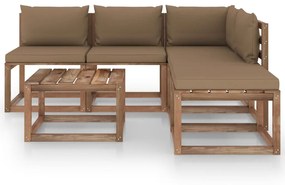 Set mobilier gradina paleti, cu perne, 6 piese, lemn pin tratat Gri taupe, colt + 3x mijloc + 2x masa, 1