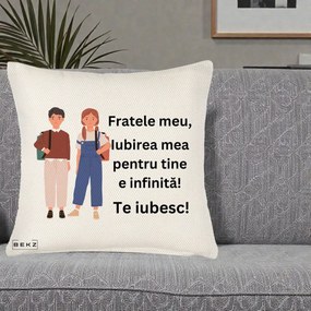 Cadou pentru Frate - Perna Personalizata Fratele Meu Te Iubesc Elevi Ilustratie Colorata, 40x40 cm, Crem Reliefat, Husa Detasabila, Perna Inclusa, BEKZ®