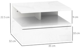 HOMCOM Set de 2 Noptiere Suspendate cu Sertar și Raft Superior din Lemn, 35x32x22.5 cm, Alb Lucios | Aosom Romania