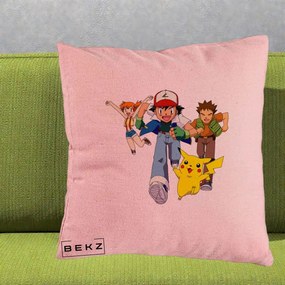 Perna Personalizata Pokemon Ash Misty Brock si Pikachu, 40x40 cm, Roz, Husa Detasabila, Perna Inclusa, BEKZ®