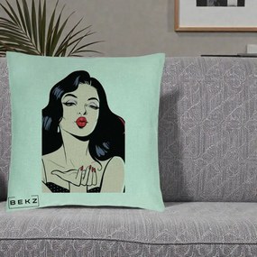 Perna Decorativa Femeie Pop-Art Kiss, 40x40 cm, Verde Menta, Husa Detasabila, Perna Inclusa, BEKZ®