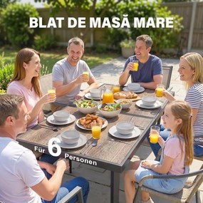 Outsunny Masă de Patio, Masă de Balcon, Masă de Dining pentru Exterior 145 x 85 cm pentru 6 Persoane cu Efect de Lemn, Cadrul din Oțel, Gri | Aosom Romania